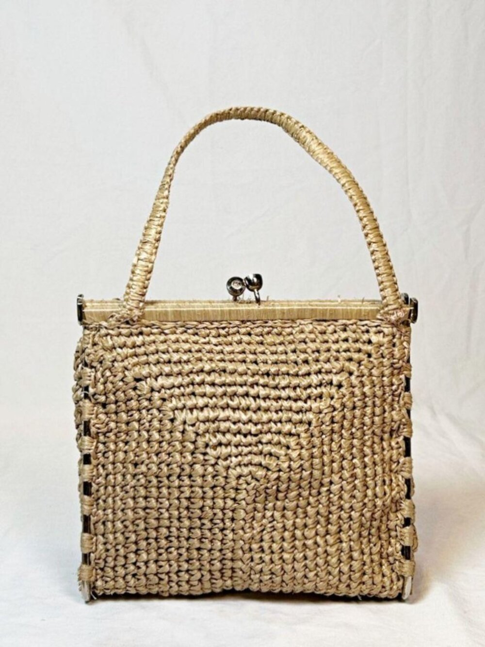 Vintage Walborg Jute Woven Framed Kiss Lock Boho Satchel Handbag